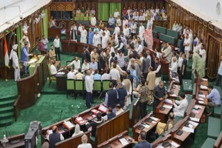 Ruckus in Jammu and Kashmir Assembly as NC (National Conference) MLAs protest against the Speaker for not allowing discussion on the Waqf Amendment Act, in Jammu on Monday.