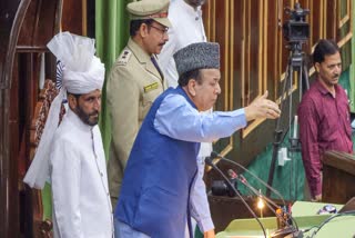 Jammu and Kashmir Assembly Speaker Abdul Rahim Rather conducts the proceedings of the House amid ruckus as NC (National Conference) MLAs protest against the Speaker for not allowing discussion on the Waqf Amendment Act, in Jammu on Monday.