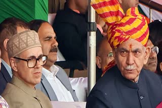 Jammu and Kashmir Lieutenant Governor Manoj Sinha and state Chief Minister Omar Abdullah attend the Republic Day parade, at Maulana Azad Stadium in Jammu