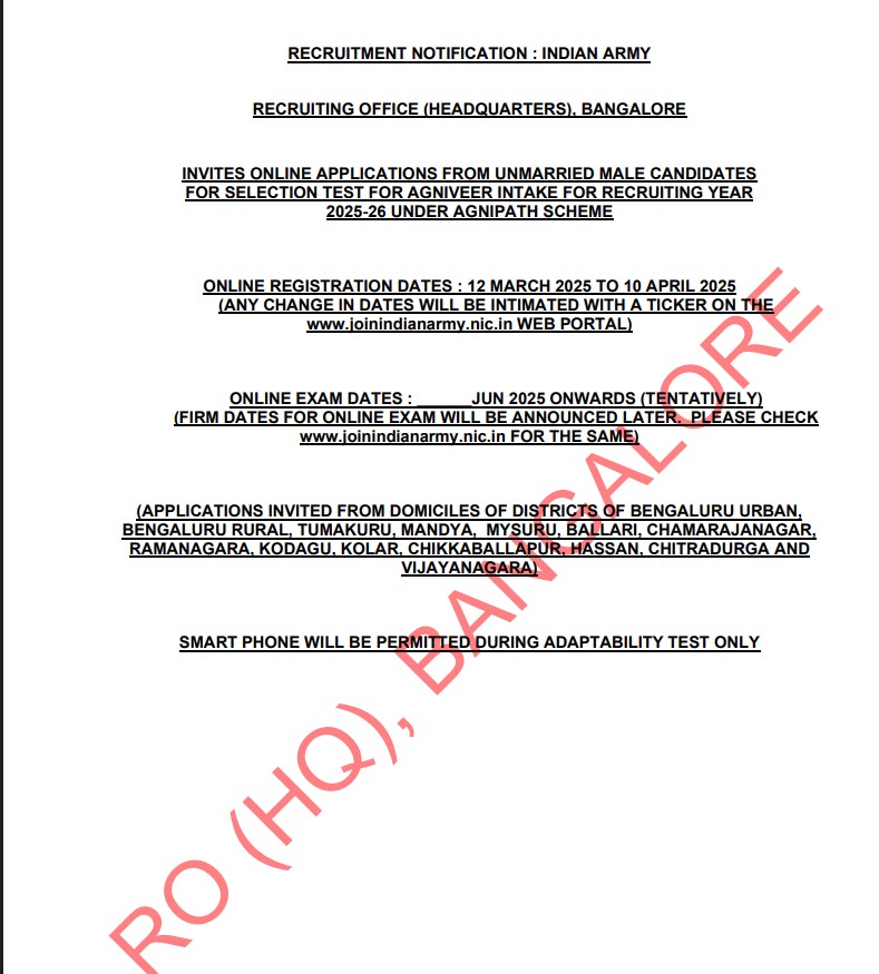Indian Army Recruitment for Agniveer Post in Karnataka