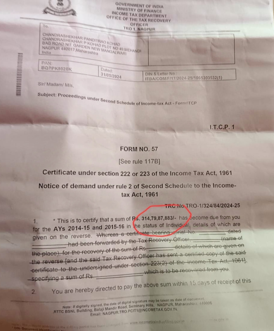 Income tax notice of 314 crores