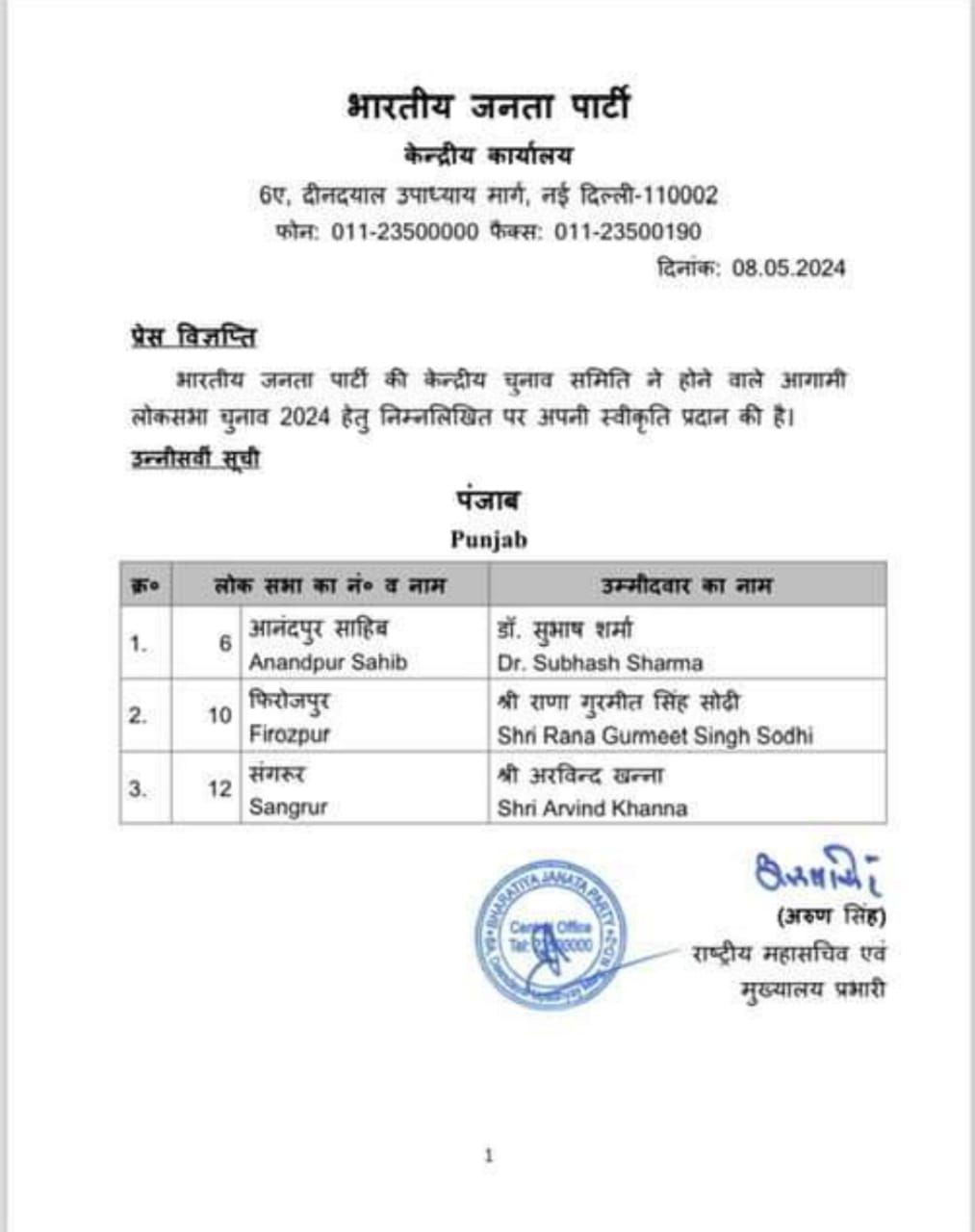 BJP announced three candidates