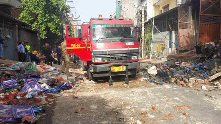 A fire brigade outside Narela moong dal dryign factory in Delhi after a massive fire killed three workers on Saturday June 8, 2024