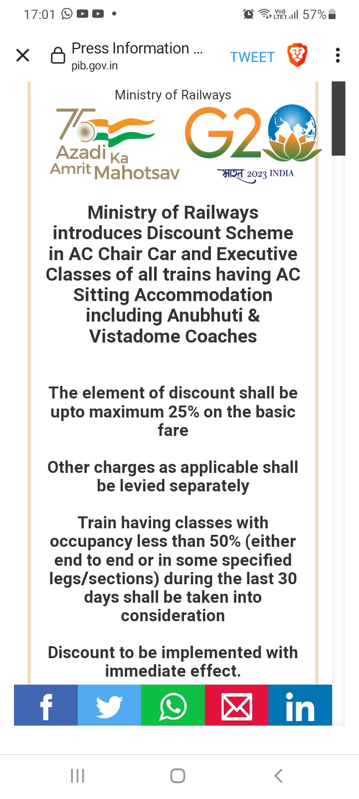 AC chair car fare reduced by 25 Percent