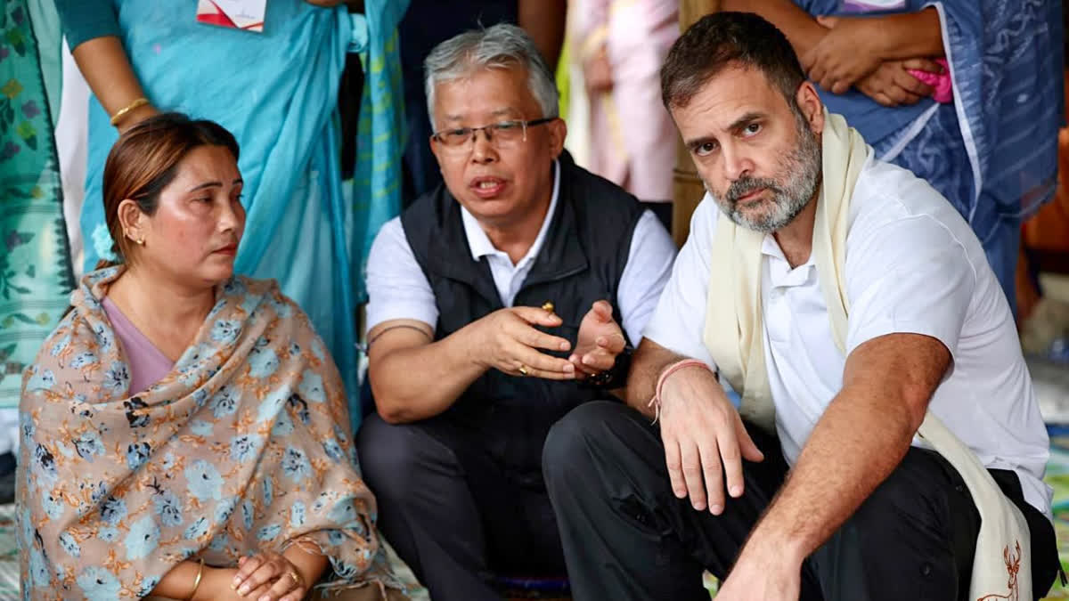 Congress MP and Leader of Opposition in Lok Sabha Rahul Gandhi meets people at a relief camp of Moirang in Bishnupur on Monday.