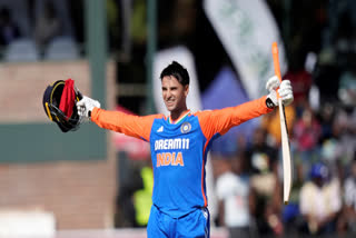 India's batsman Abishek Sharma celebrates after scoring 100 runs during the T20 cricket between Zimbabwe and India at Harare Sports club,Sunday, July 7,2024.
