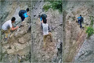 Schoolchildren trekking mountain in Uttarakhand