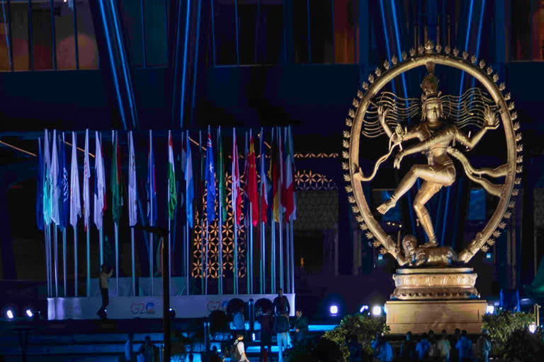 An Illuminated statue of Nataraja, the Hindu god of Dance, stands at the entrance of the main venue for the G20 summit in New Delhi, India, Thursday, Sept. 7, 2022. Leaders of the Group of 20 are gathering in New Delhi this weekend for their annual summit. (AP)