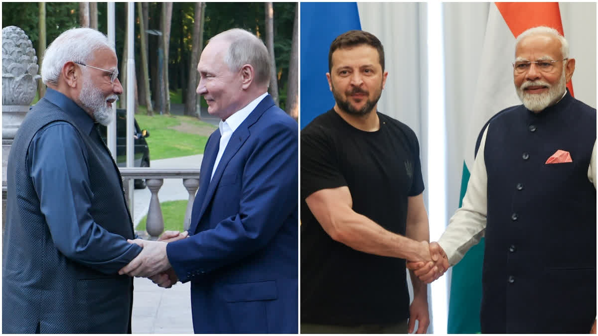 A combination of photos of Prime Minister Narendra Modi with Russian President Vladimir Putin (left) and his Ukrainian counterpart Volodymyr Zelenskyy.