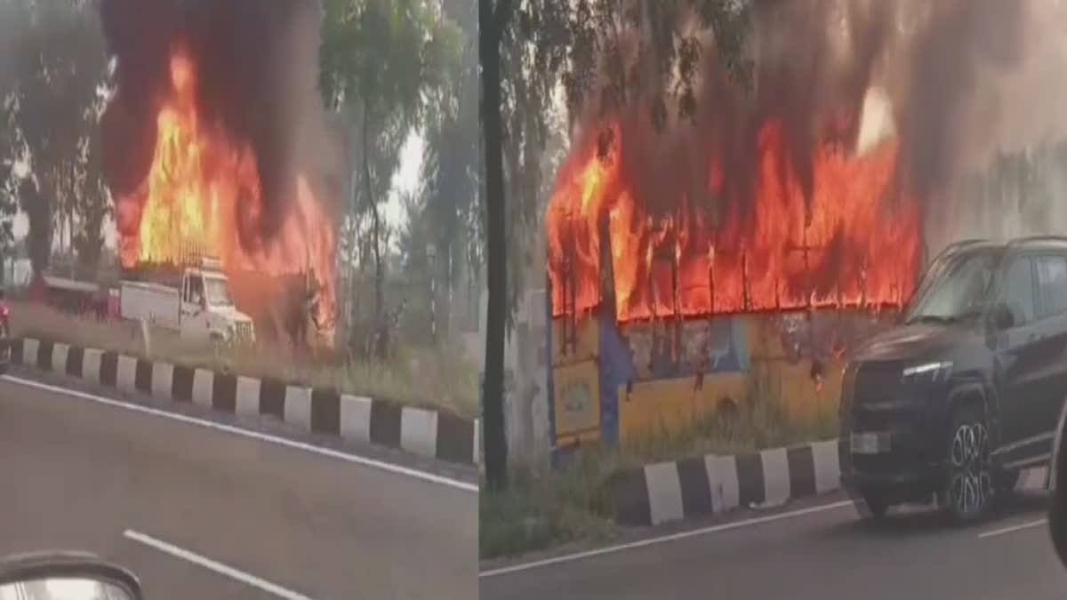 A private bus caught fire in the middle of the road near Ladowal, pictures went viral on social media