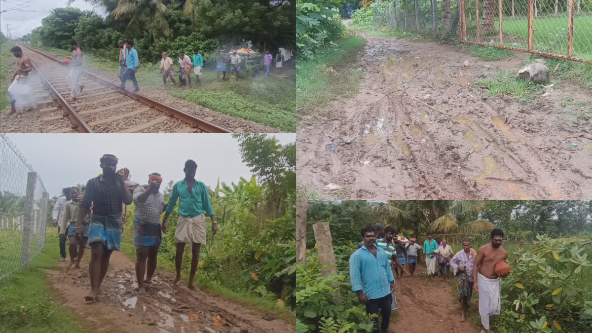 Villagers carrying dead bodies along railway track