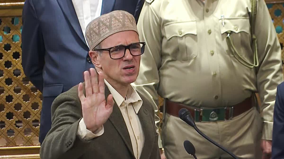 Jammu and Kashmir Chief Minister Omar Abdullah addresses the first day of the J&K Assembly session after a ruckus broke out, in Srinagar