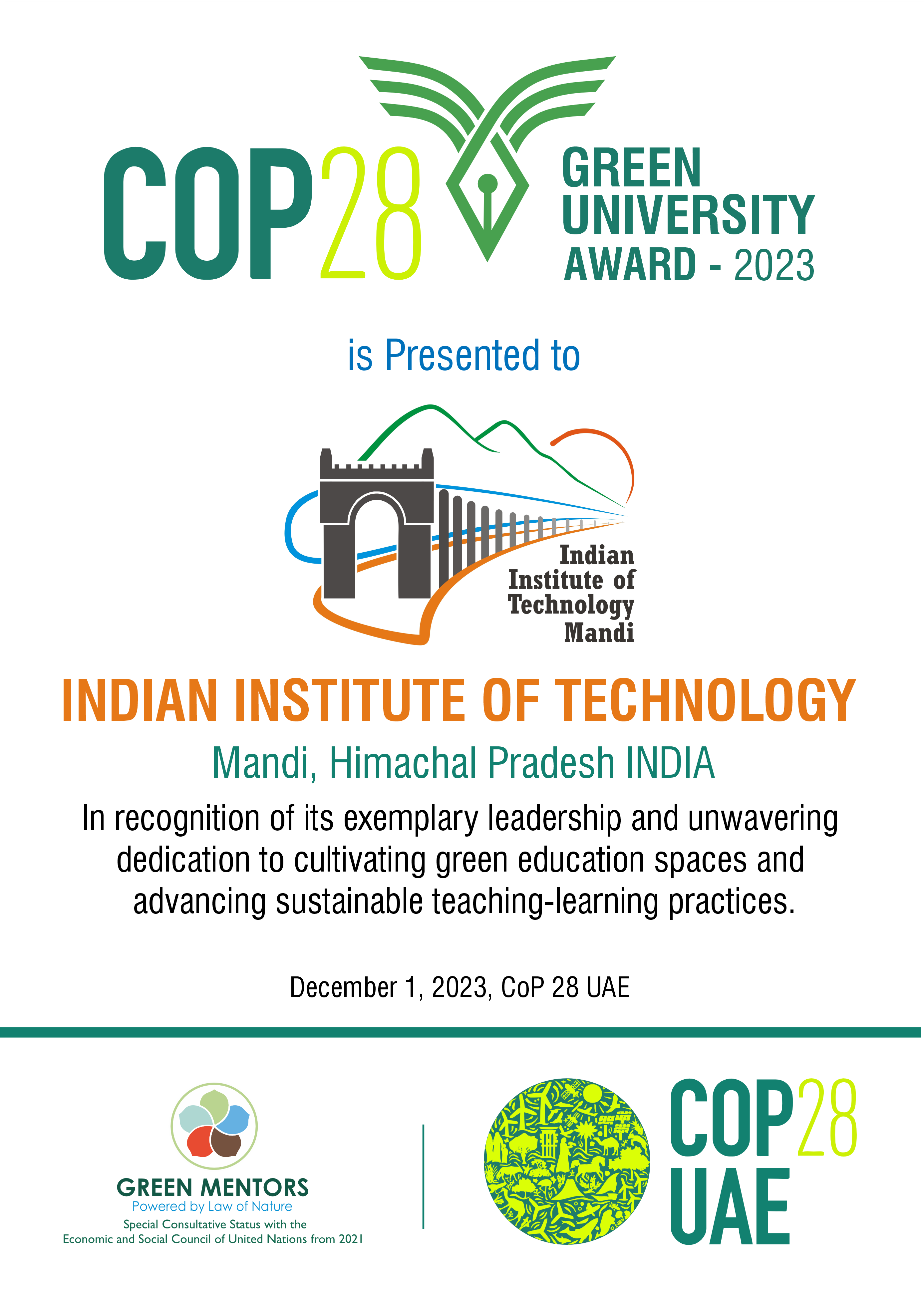 IIT Mandi Get Green University award at COP 28 UAE