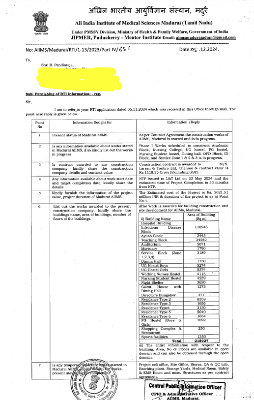 மதுரை எய்ம்ஸ் தொடர்பான ஆர்டிஐ அறிக்கை