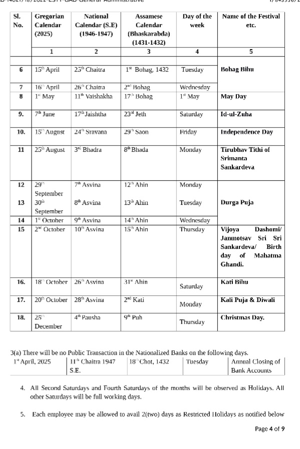 Assam Announces List Of Holidays For 2025