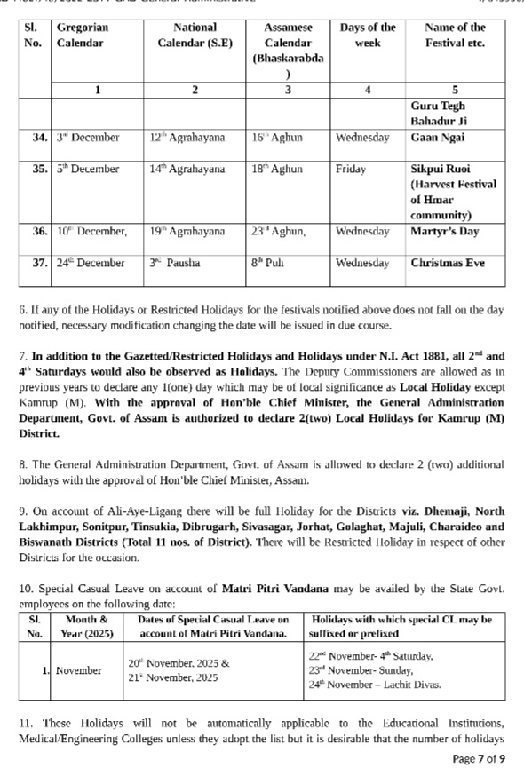 Assam Announces List Of Holidays For 2025