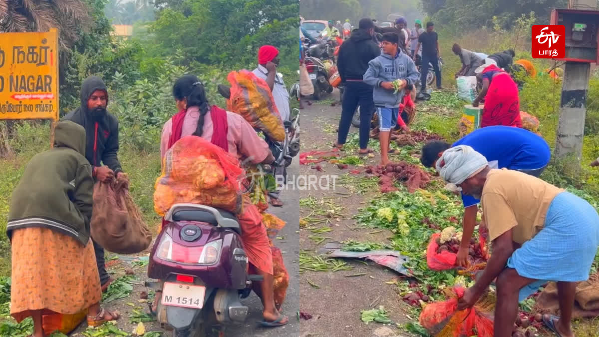 சாலையோரம் கிடந்த காய்கறிகளை அள்ளிச் செல்லும் மக்கள்