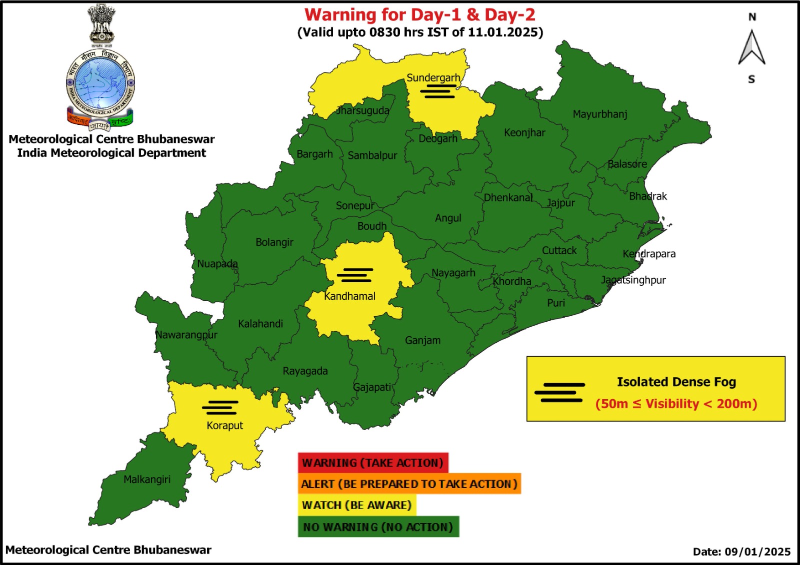 ଆହୁରି ୨ ଦିନ ଘନକୁହୁଡି ସ୍ଥିତି, ୩ ଜିଲ୍ଲାକୁ ୟେଲୋ ଓ୍ବାର୍ଣ୍ଣିଂ