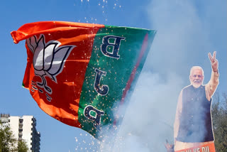 BJP supporters burst firecrackers and wave the party's flag as they celebrate the party's win in the Delhi Assembly elections, at Delhi BJP Party office in New Delhi on Saturday.