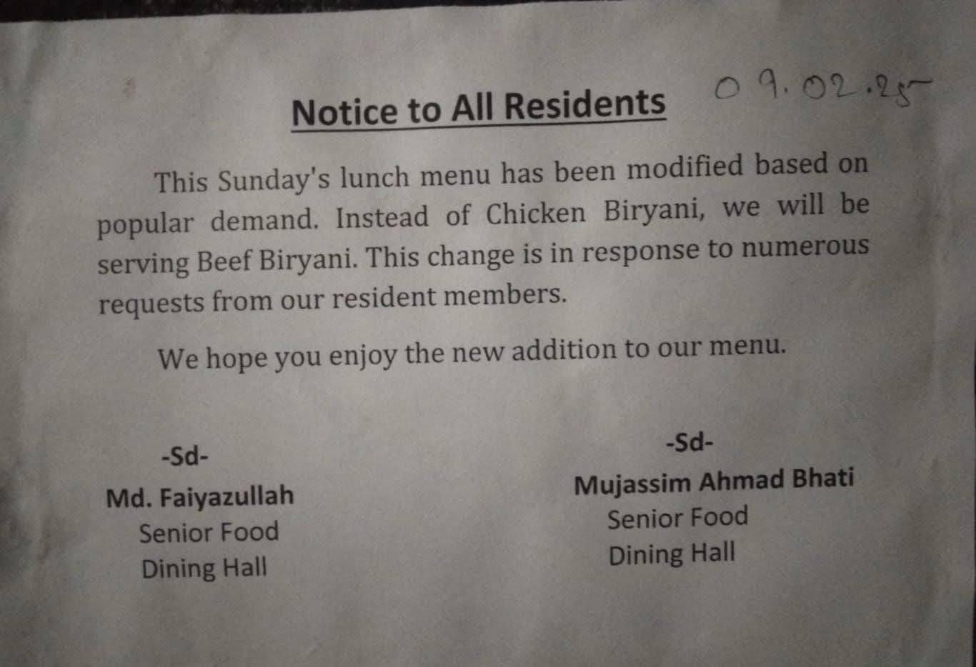 Aligarh Muslim University Suleman Hall menu change Beef biryani instead chicken biryani  beef controversy