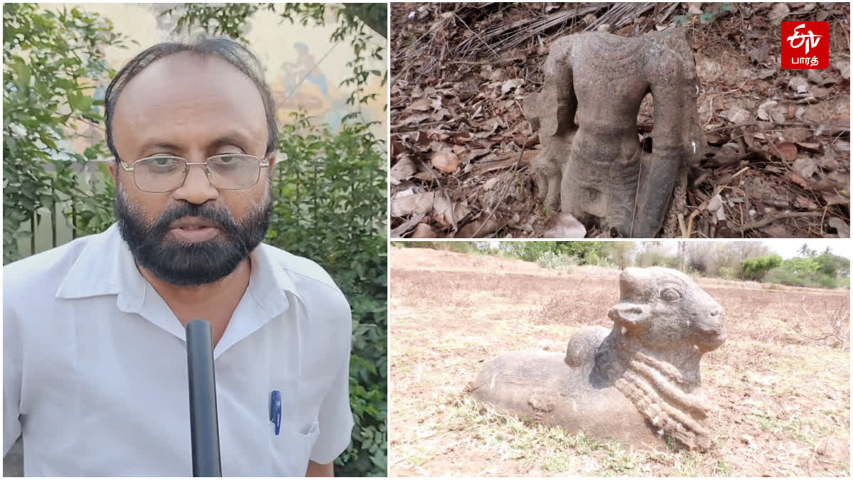 வரலாற்று ஆய்வாளர் மணிமாறன் மற்றும் கண்டெடுக்கப்பட்ட சிலைகள் புகைப்படம்