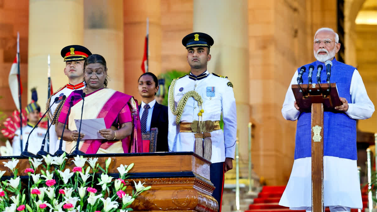Narendra Modi took oath for the third consecutive term as Prime Minister of India. The oath was administered by President Droupadi Murmu at the Rashtrapati Bhavan in New Delhi on Sunday, June 9, 2024.