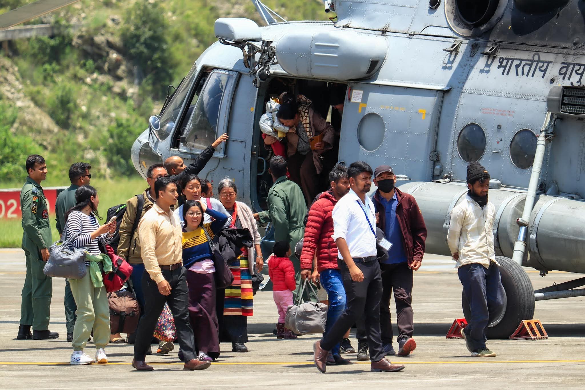 Staranded tourists after being airlifted in North Sikkim.