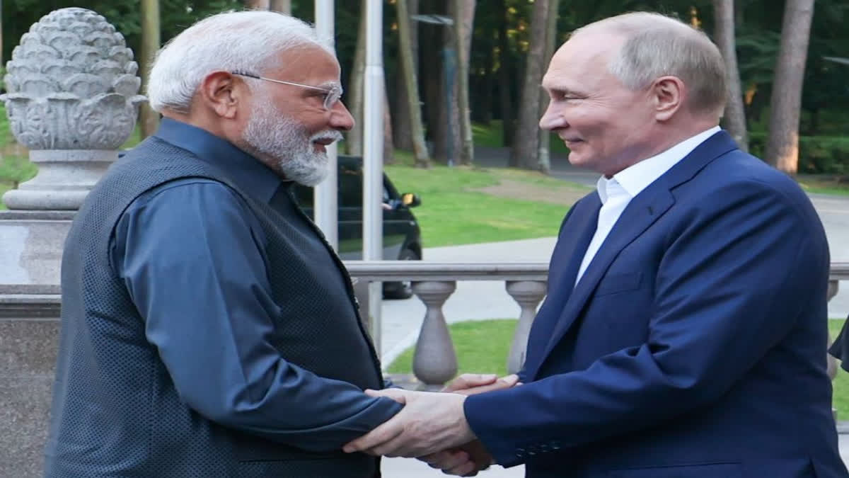 PM Narendra Modi during his meeting with Russian President Vladimir Putin at the latter's residence on Monday night.