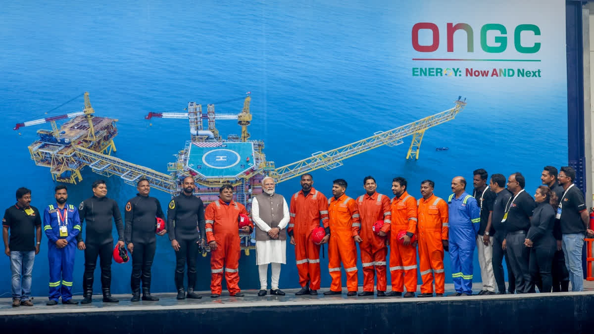 PM Modi with ONGC team during the inauguration of the ONGC Sea Survival Centre, at Betul, in South Goa on Feb 6, 2024.