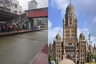 Chunabhatti Railway Station gets waterlogged amid heavy rain, in Mumbai on Monday, July 8 (L) and Brihanmumbai Municipal Corporation