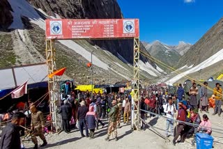 Pilgrims on their way for the Amarnath Yatra on Sunday.