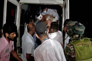 A jawan being taken to Billawar Health Center as he was injured after terrorists attacked an army convoy in Billawar, in Kathua on Monday.