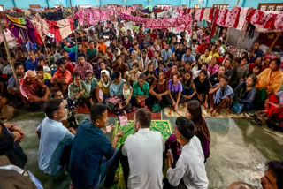 Rahul Gandhi meets with victims of Manipur violence, at a relief camp in Churachandpur on July 8, 2024.