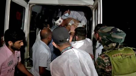 A jawan being taken to Billawar Health Center as he was injured after terrorists attacked an army convoy in Billawar, in Kathua on Monday.