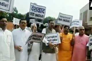 BJP MPs hold Quit India protest on Parliament premises