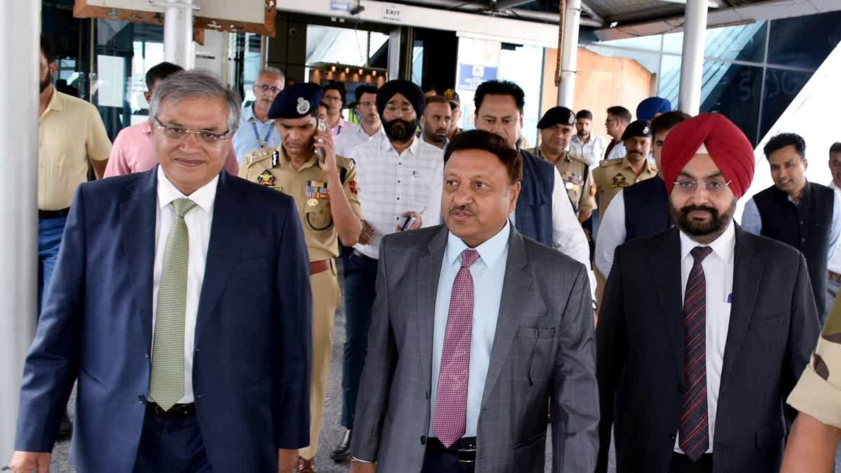 An Election Commission of India (ECI) delegation led by Chief Election Commissioner Rajiv Kumar and Election Commissioners Gyanesh Kumar and Sukhbir Singh Sandhu reaches Srinagar to review the poll preparedness in Jammu and Kashmir, on Thursday, Aug 8, 2024