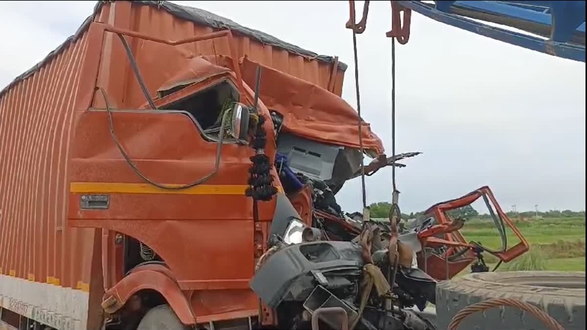 Wrecked truck after collision between two trucks kills four in UP's Kannauj