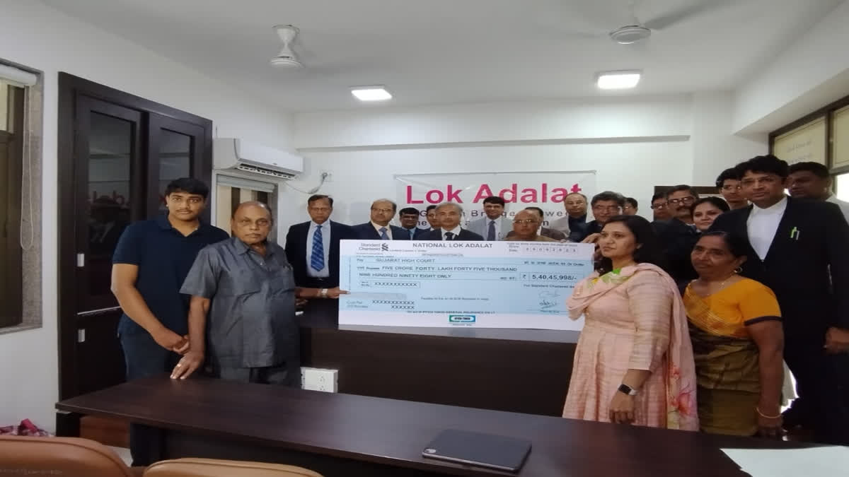 The national Lok Adalat held under the aegis of the Gujarat High Court disposed of highest ever motor claim settlement, on Saturday. The insurance company was asked by the Lok Adalat to pay a sum of Rs 5.40 crore to the dependents of the deceased.