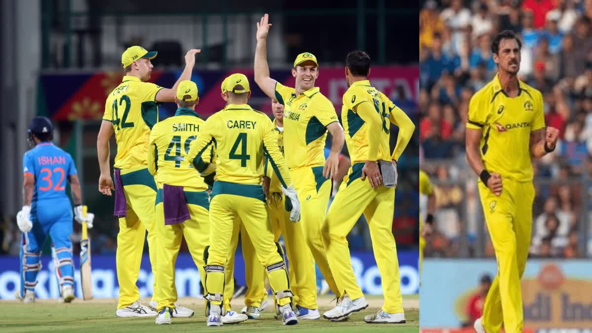 Mitchell Starc becomes quickest to take 50 wickets  50 wickets in ICC World Cup  Cricket World Cup 2023  ICC Cricket World Cup campaign  ಇಶಾನ್​ ವಿಕೆಟ್​ ಪಡೆದು ವಿಶ್ವ ದಾಖಲೆ ಬರೆದ ಮಿಚೆಲ್  ಸ್ಟಾರ್ಕ್​ ದಾಳಿಗೆ ಮಾಲಿಂಗ ರೆಕಾರ್ಡ್​ ಉಡೀಸ್​ ವಿಶ್ವಕಪ್ ಪಂದ್ಯದ ವೇಳೆ ಆಸ್ಟ್ರೇಲಿಯಾ  ಆಸ್ಟ್ರೇಲಿಯಾದ ವೇಗದ ಬೌಲರ್ ಮಿಚೆಲ್ ಸ್ಟಾರ್ಕ್  ಟೀಂ ಇಂಡಿಯಾ ವಿರುದ್ಧದ ವಿಶ್ವಕಪ್ ಪಂದ್ಯ  ಮಿಚೆಲ್ ಸ್ಟಾರ್ಕ್ ತಮ್ಮ ಹೆಸರಿನಲ್ಲಿ ವಿಶ್ವ ದಾಖಲೆ  ವಿಶ್ವಕಪ್‌ನಲ್ಲಿ ವೇಗವಾಗಿ 50 ವಿಕೆಟ್ ಪಡೆದ ಬೌಲರ್  ಲಸಿತ್ ಮಾಲಿಂಗ ಅವರ ವಿಶ್ವ ದಾಖಲೆ