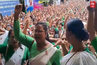 aganwadi worker and helper hold protest in lakhimpur