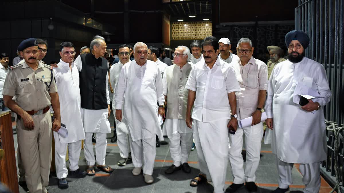 Congress delegation led by former Haryana CM and party leader Bhupinder Singh Hooda, former Rajasthan Chief Minister Ashok Gehlot, party general secretary KC Venugopal, Jairam Ramesh and others coming out from the Election Commission Office after a meeting to raise concerns over the results of the Haryana Assembly elections, in New Delhi on Wednesday.