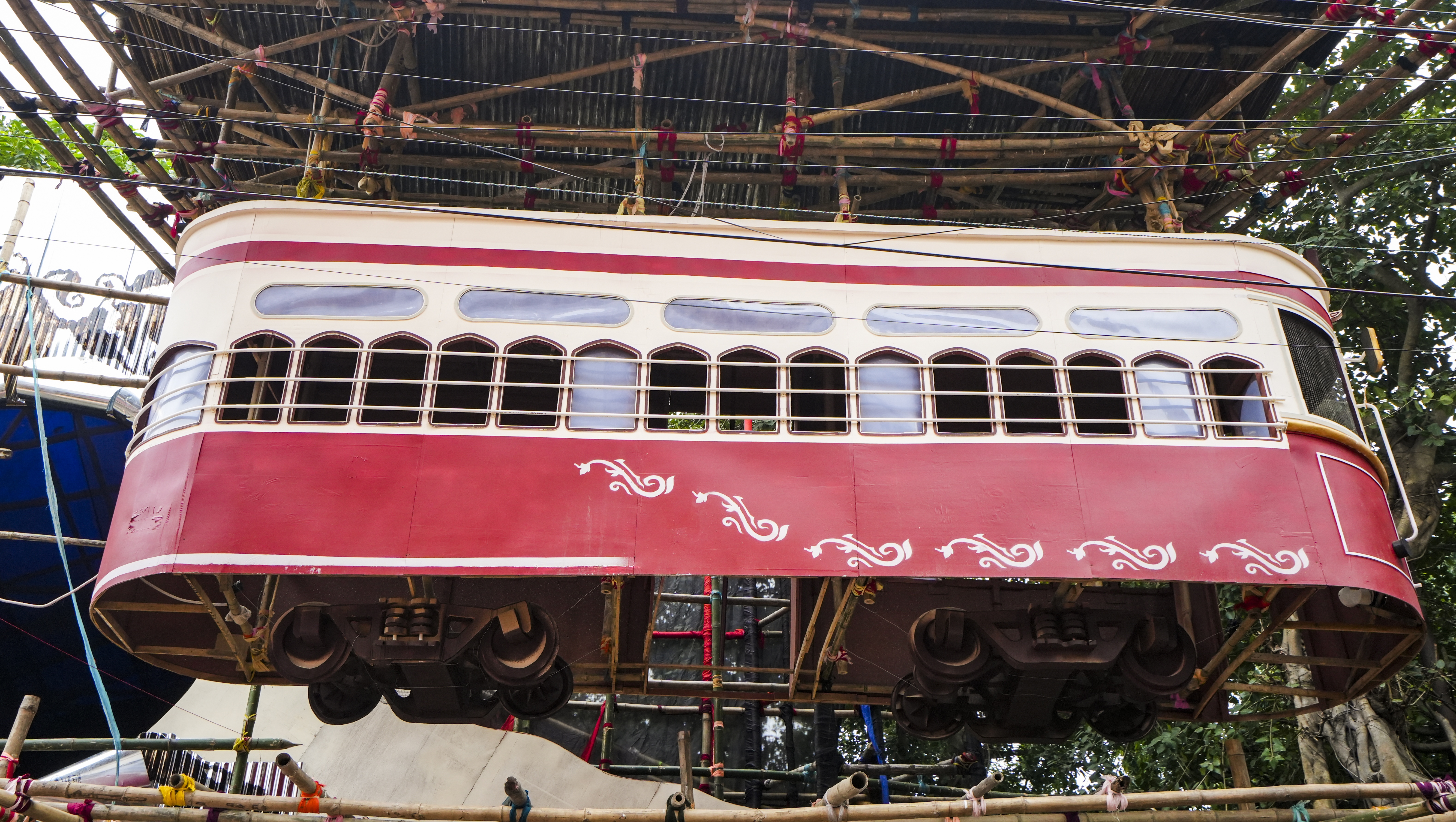 A model of a tram compartment at a community 'puja' pandal ahead of the Durga Puja festival, in Kolkata