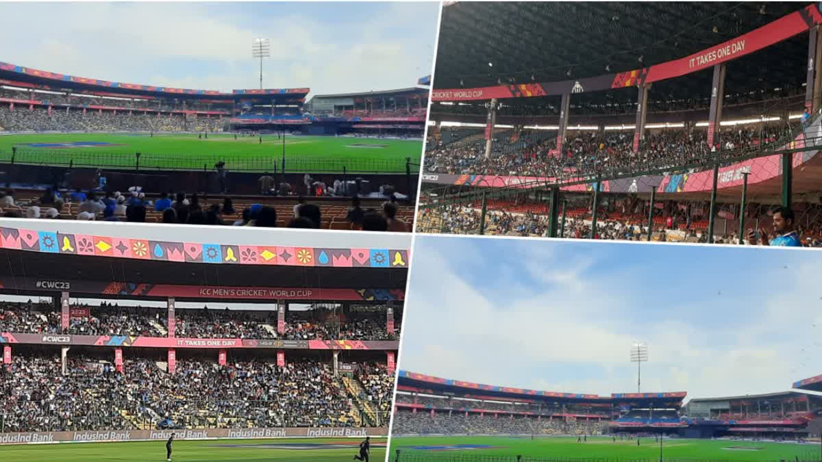 WORLD CUP 2023 NZ VS SL LARGE CROWD GATHERED AT M CHINNASWAMY STADIUM FOR BLACK CAPS