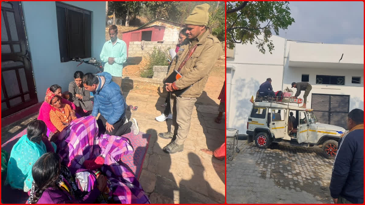 Body of Abhishek tied to cab roof (R) after his death in Haldwani and administration officials visit the bereaved family to offer condolence and financial support