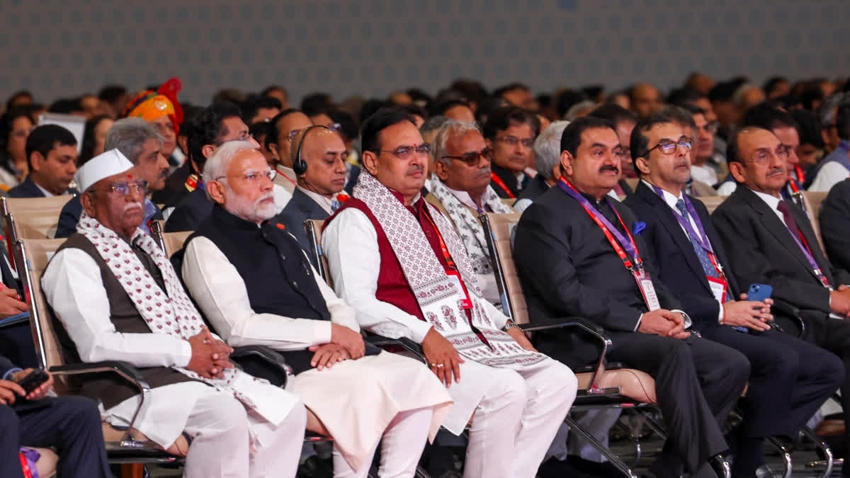 Prime Minister Narendra Modi during the Rising Rajasthan Global Investment Summit, in Jaipur on Monday, Dec. 9, 2024. Adani Group Chairman Gautam Adani (third from right) also attended the Summit.