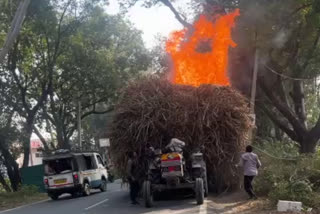 Tractor Trolley Sugarcane Leaves Fire