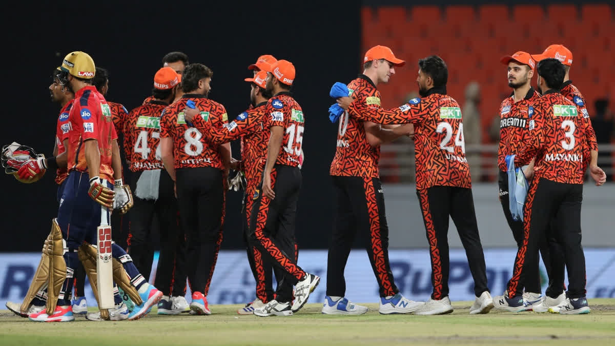Sunrisers Hyderabad's players celebrate their win during the Indian Premier League cricket match between Sunrisers Hyderabad's and Punjab Kings in Mohali, India, Tuesday, April . 9, 2024.
