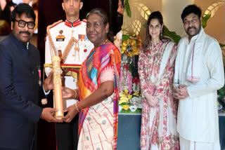 Actor Chiranjeevi with President Droupadi Murmu and daughter in law Upasana