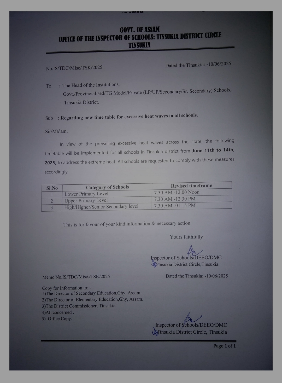 Change of teaching schedule