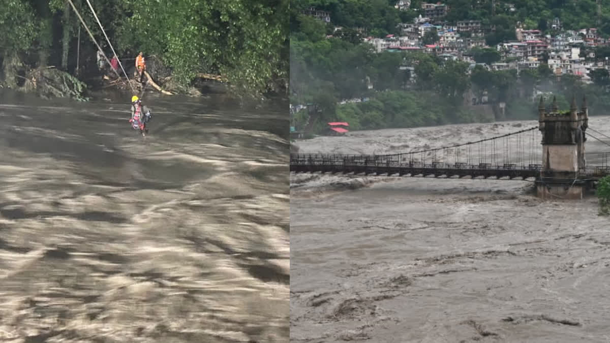 Himachal Heavy Rain  several stranded due to rise in Sea water level  ബിയാസ് നദിയിലെ ജലനിരപ്പ് ഉയര്‍ന്നുതന്നെ  മാണ്ഡിയില്‍ 6 പേര്‍ ഒറ്റപ്പെട്ടു  പ്രളയ മുന്നറിയിപ്പ്